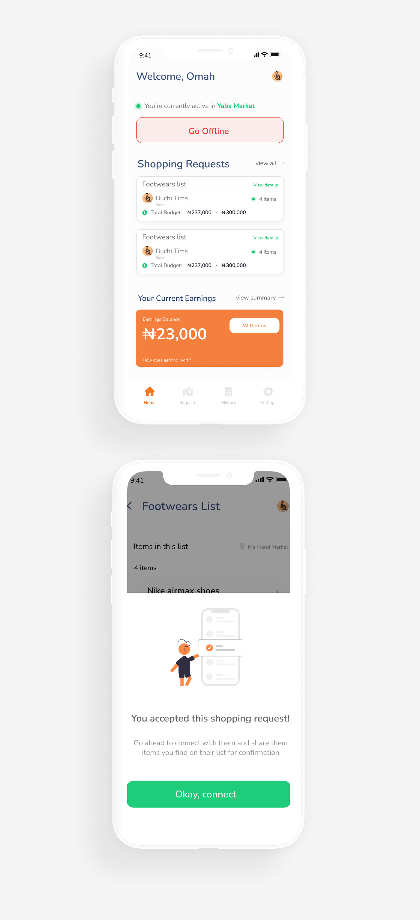 Shopper accepting a shopping request