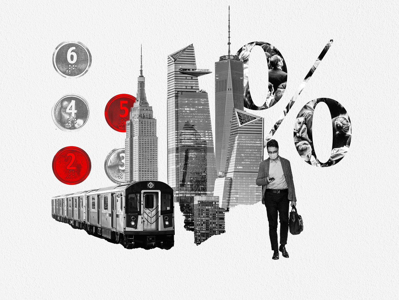 Photo Montage: NYC skyscrapers, Subway Car, Business Person, Elevator Buttons with 2 and 5 highlighted in red, and Percent Symbol.