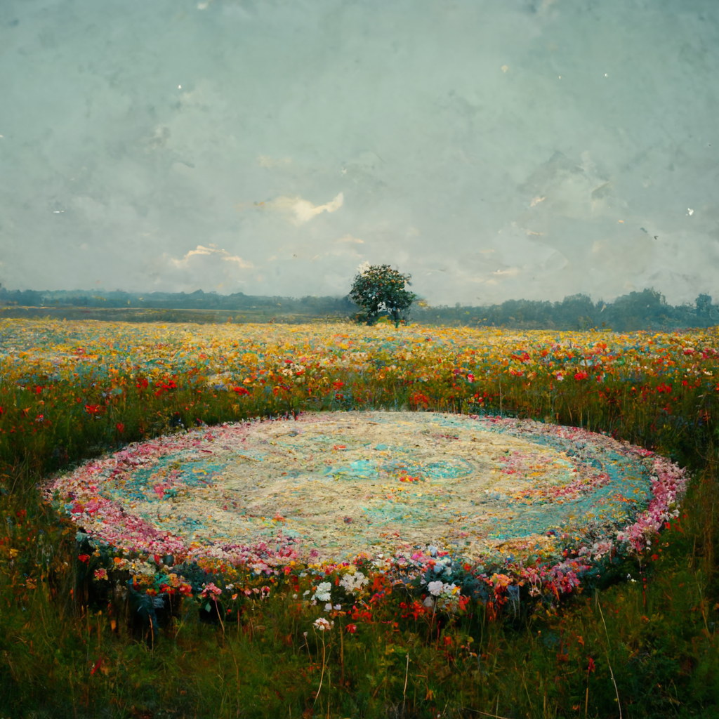 A landscape painting style with a field full of flowers, and a single tree in the distance. In the foreground is a circle on the ground, shown in perspective, made from pink, blue, and orange flowers.