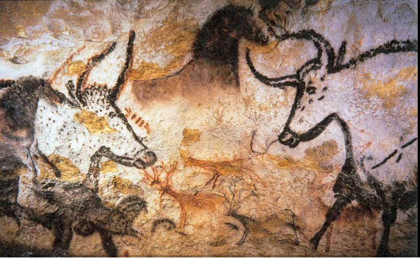 A cave painting from Lascaux in Southwest France showing bull, horse, auroch, and deer