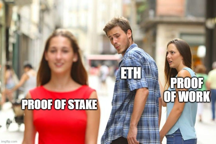 Distracted boyfriend meme of guy as ethereum looking at proof-of-stake as girl that walks past