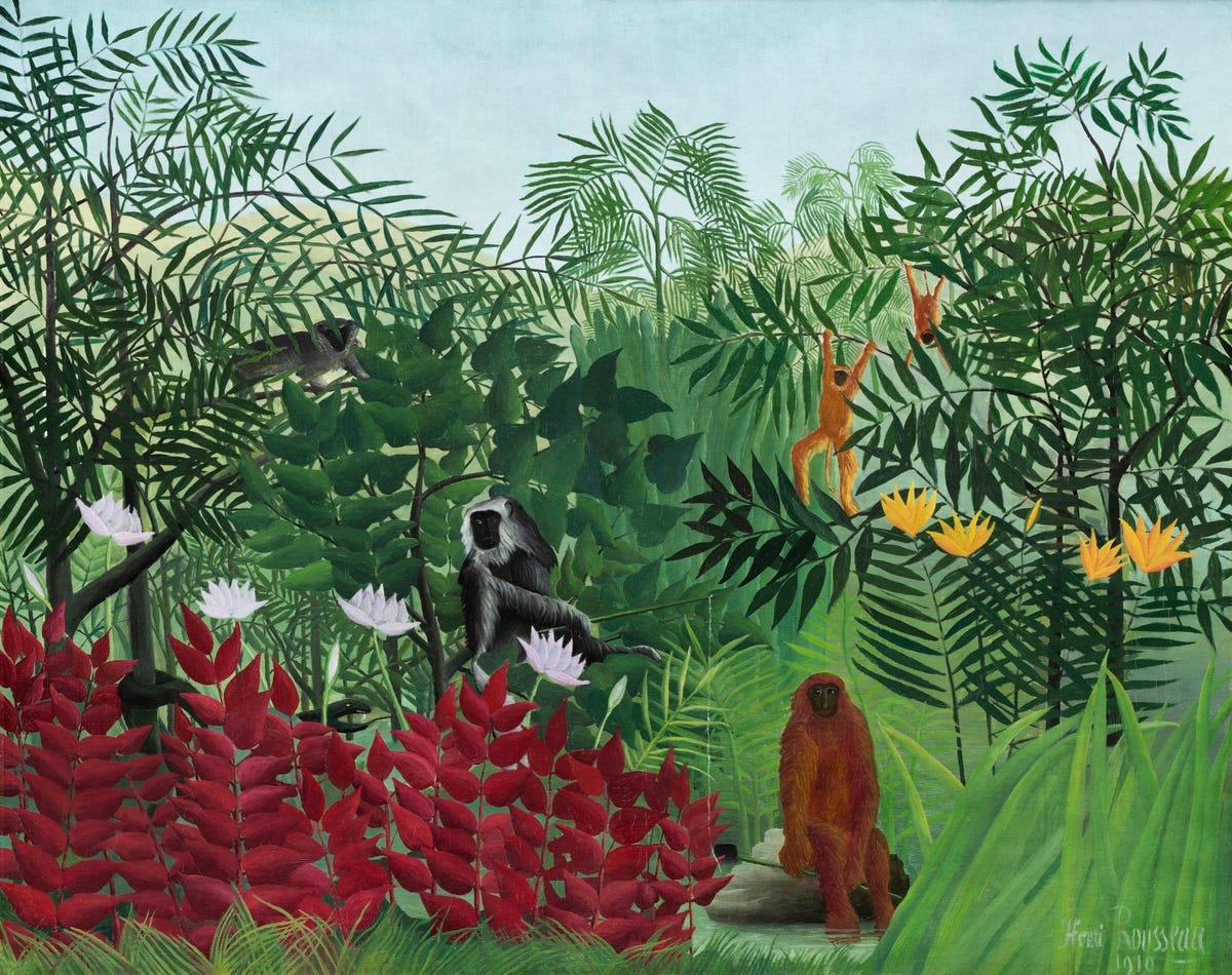 Henri Rousseau painting of monkeys in the jungle. Many shades of green and a little bit of red.
