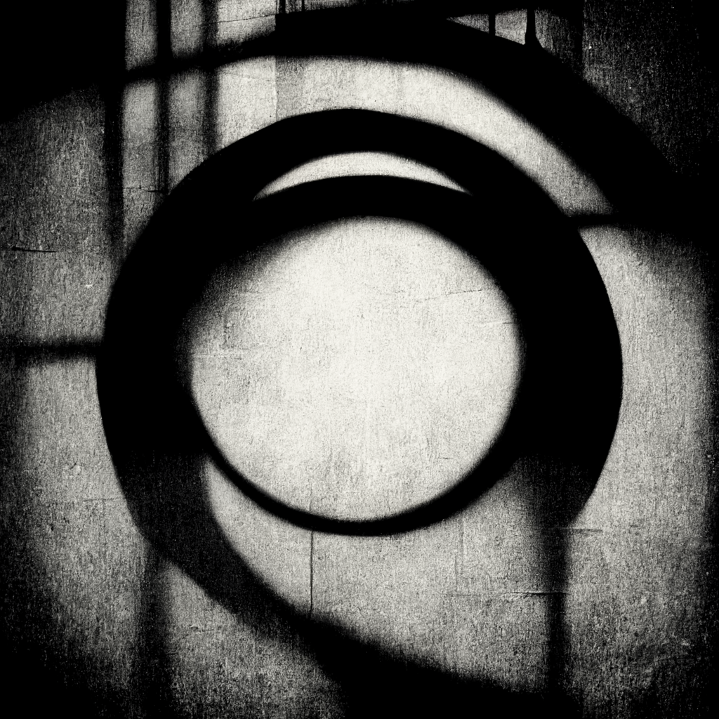 Grainy black and white, overlapping shadows of rings and bars, lit harshly from off-screen.
