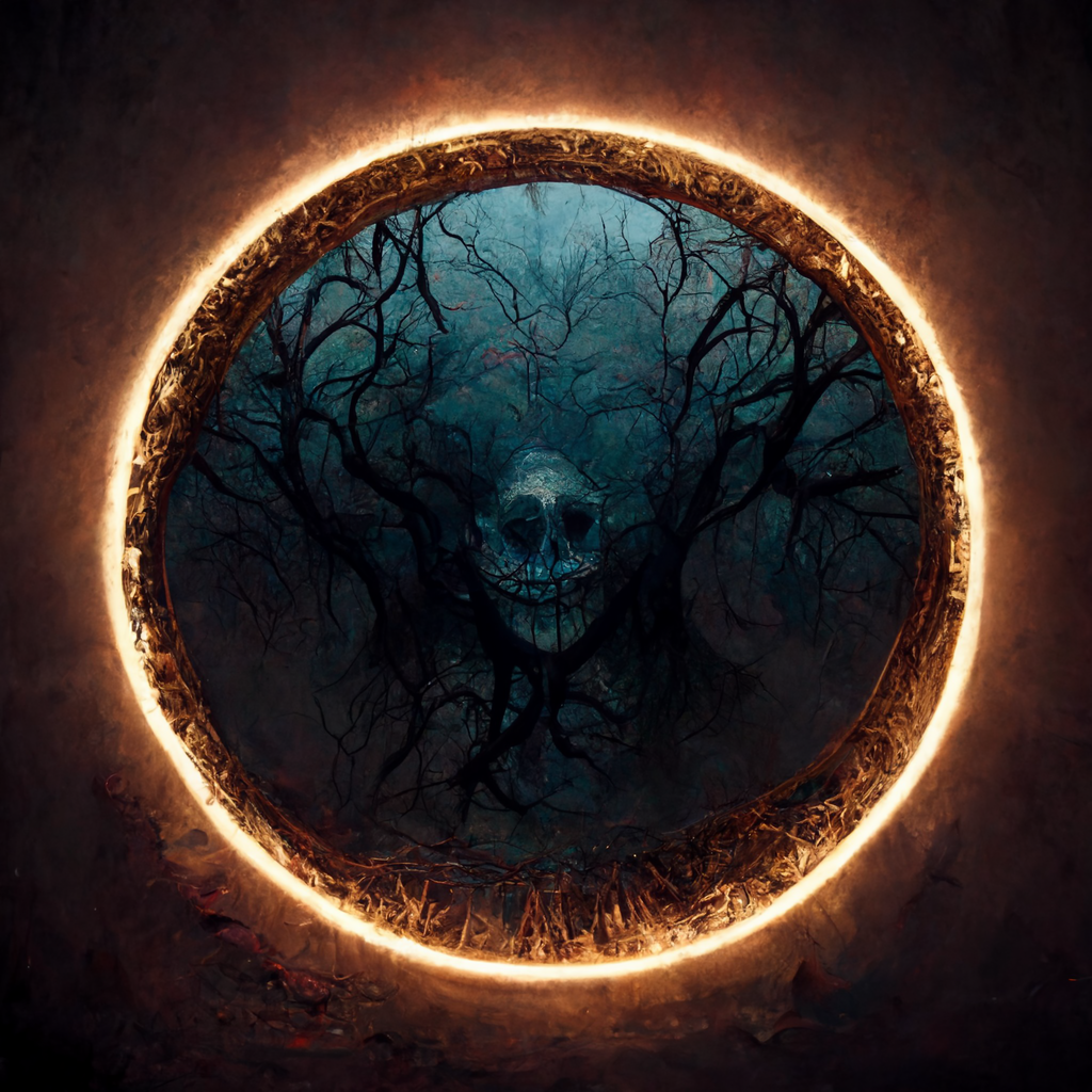 An orange ring of flame appears to be a portal into a dark, creepy, nearly symmetrical forest. The shapes of branches might make a face, but you can’t be sure in the darkness.