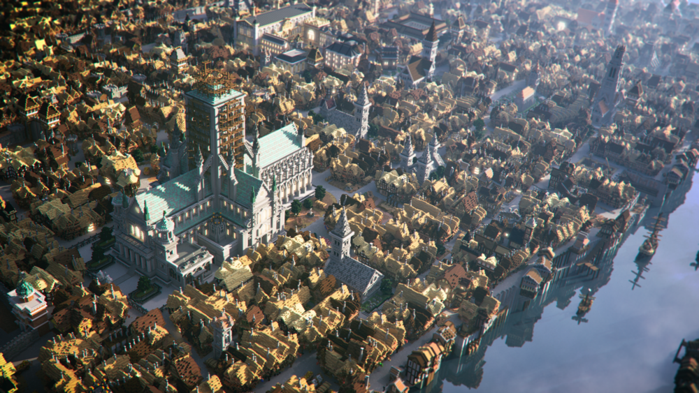 An image of 17th century London in Minecraft with a big cathedral in the middle and a lot of houses.