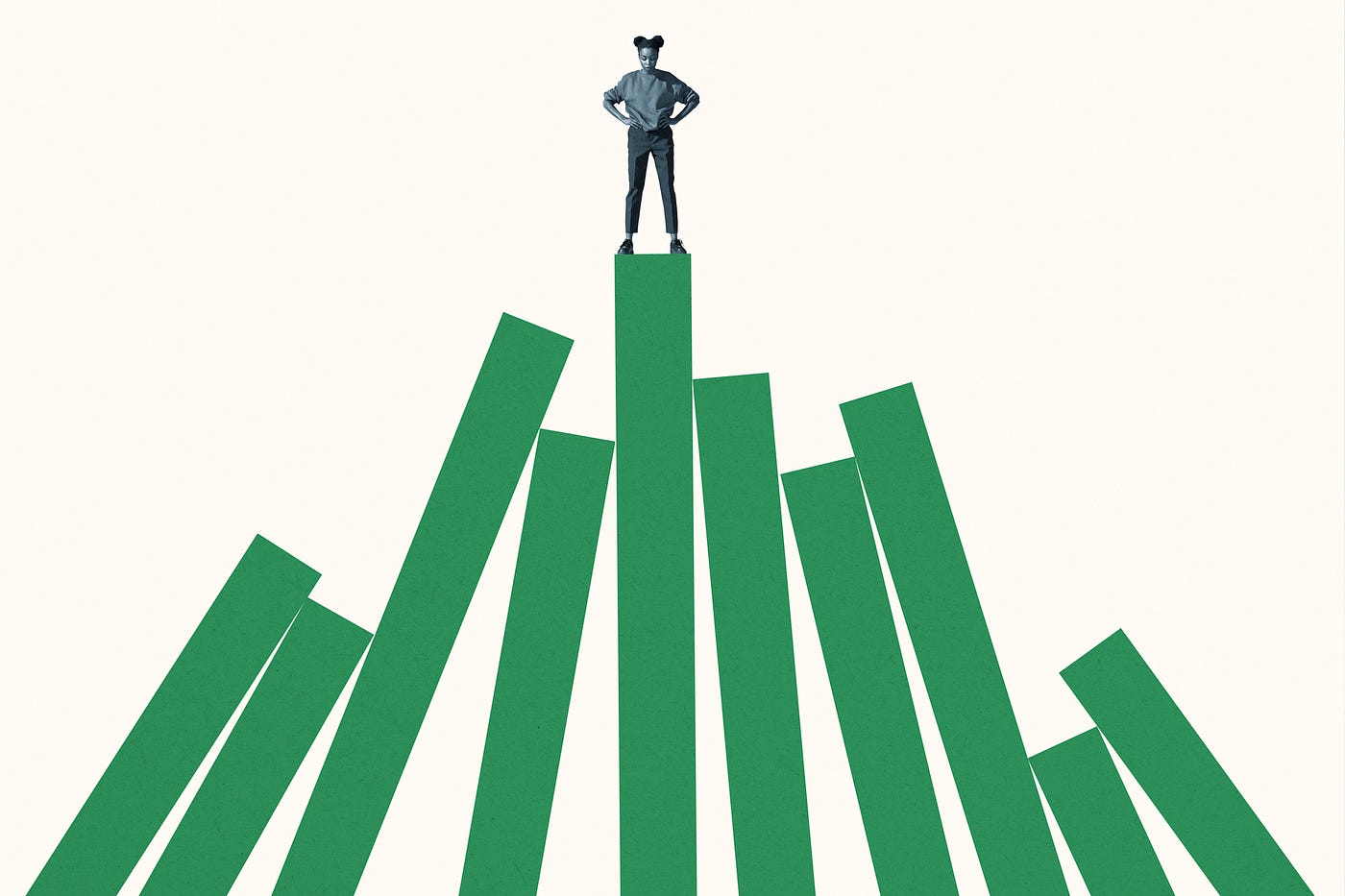 Young woman standing on top of tall green bar graph against white background.