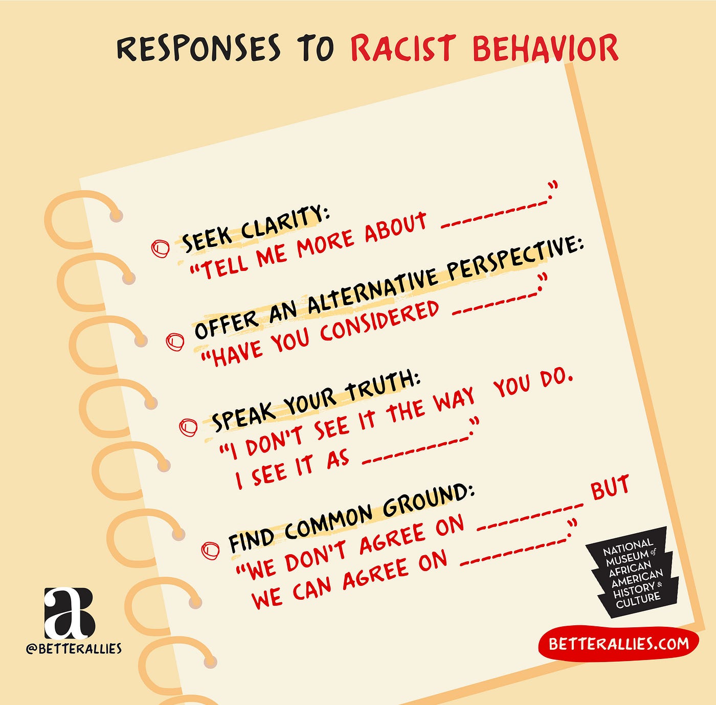 Illustration titled Responses to Racist Behavior. There is a spiral notebook page with 4 points. Seek clarity: “Tell me more about __.” Offer an alternative perspective: “Have you ever considered __.” Speak your truth: “I don’t see it the way you do. I see it as __.” Find common ground: “We don’t agree on __ but we can agree on __.” The page has the National Museum of African American History & Culture. In the lower corners are the better allies logo and a red bubble with betterallies.com