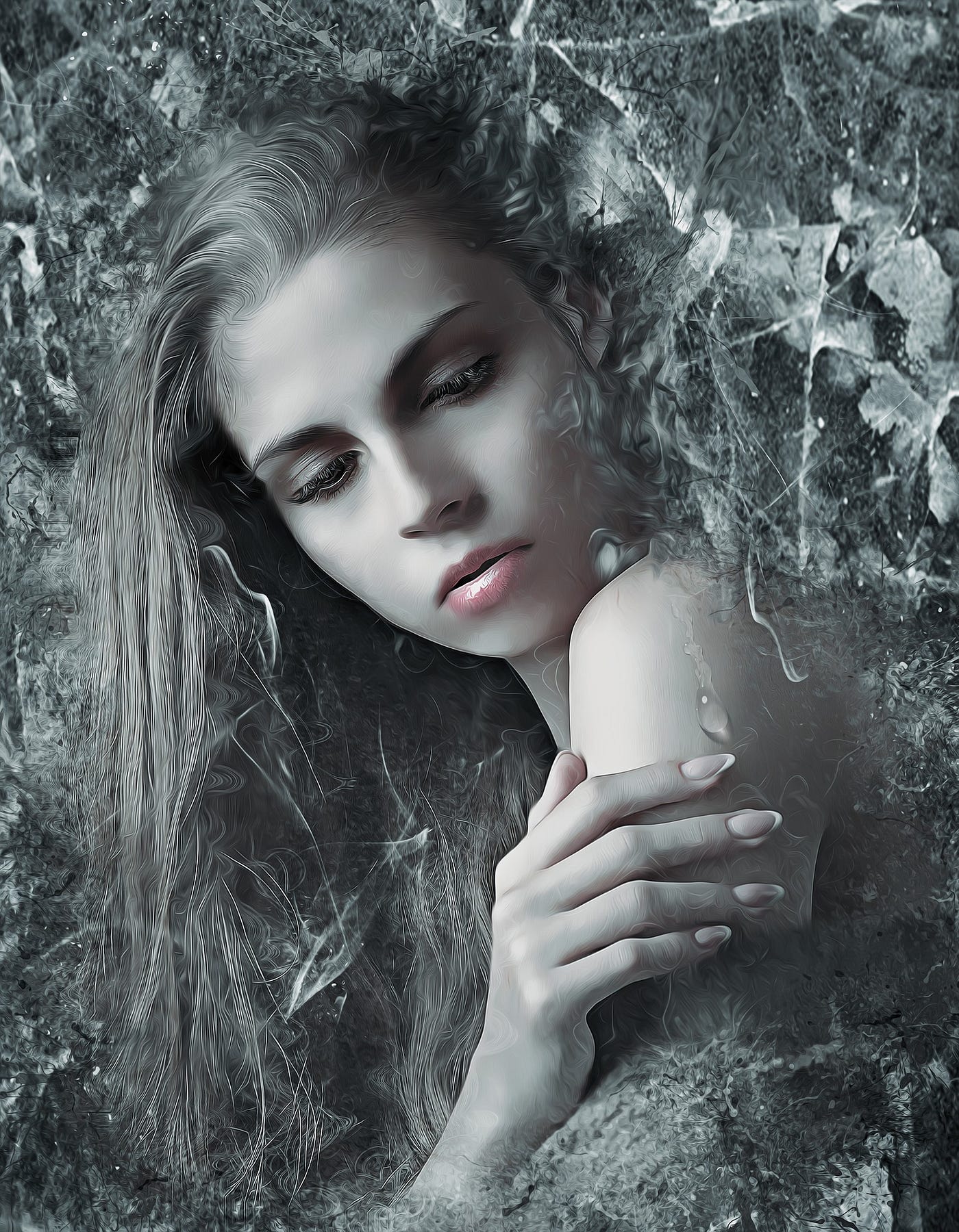 Fantasy image of a young female emerging from a tangle of web