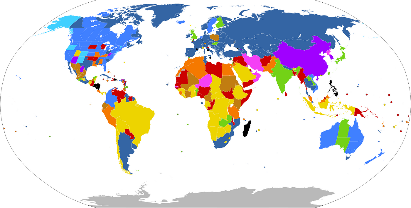 World map showing abortion rights per country, or in same cases first order subdivision.