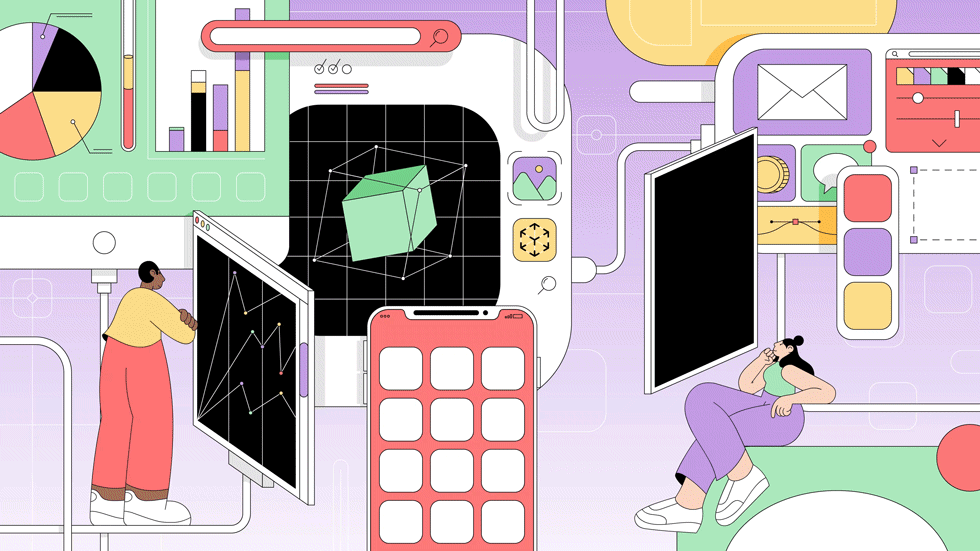 A graphic of various interconnected screens and apps.