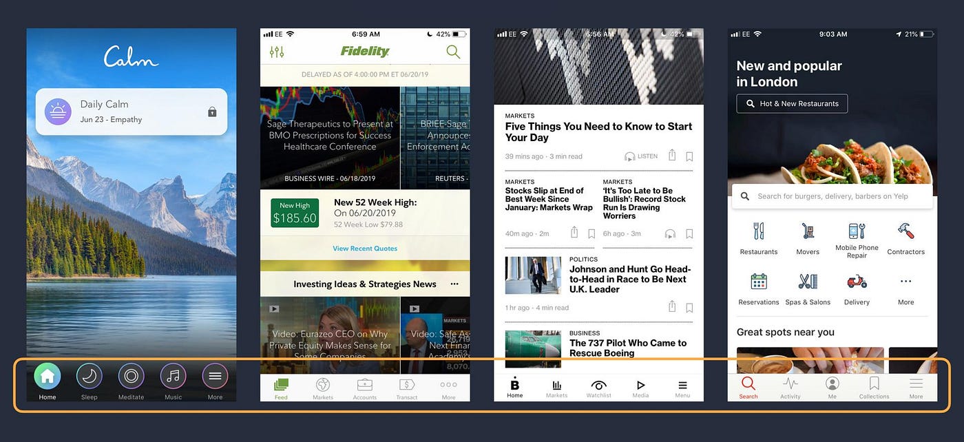 Mobile UI design for navigation using a bottom navigation bar, aka tab bar.