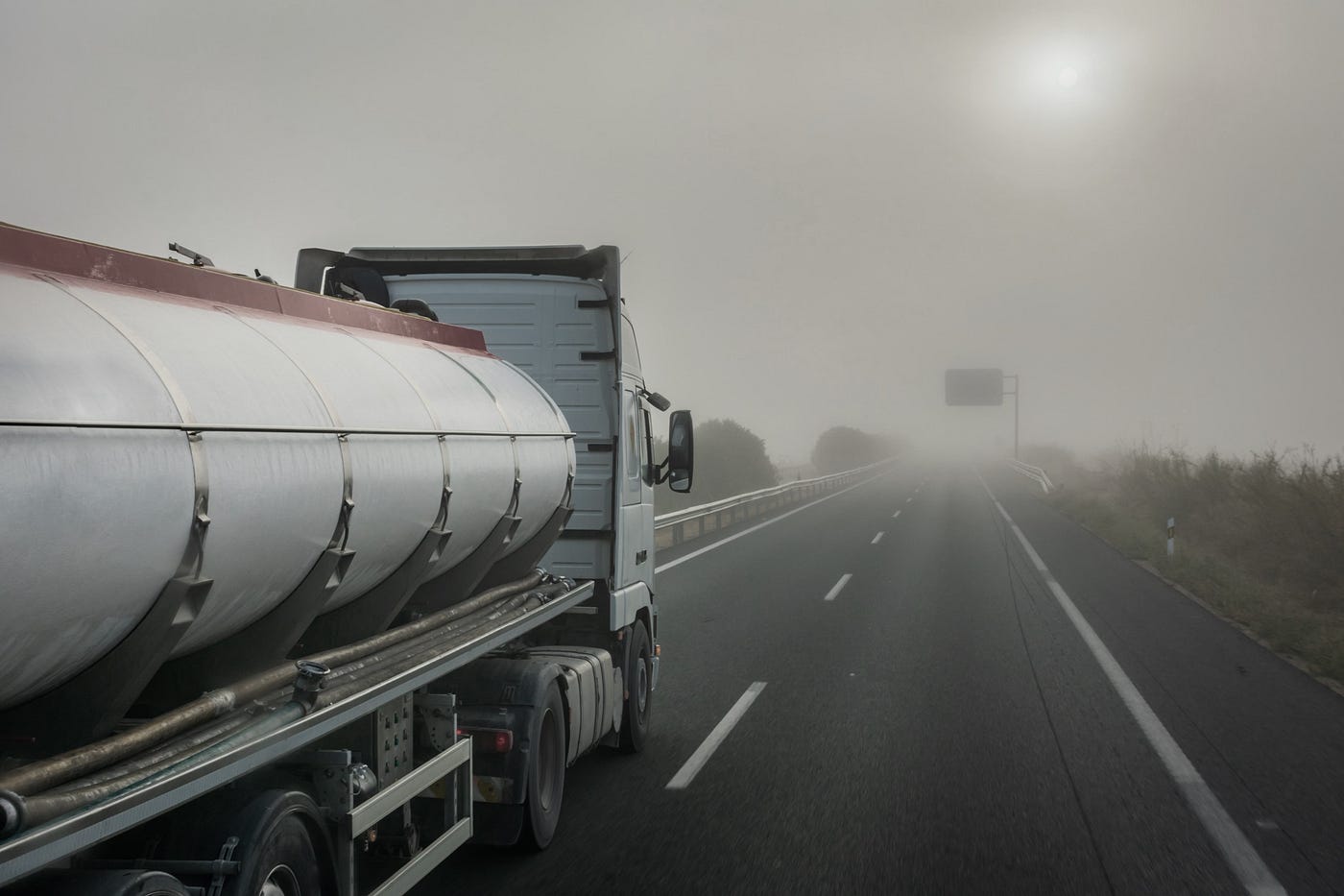 A tanker truck is driving through a foggy road.