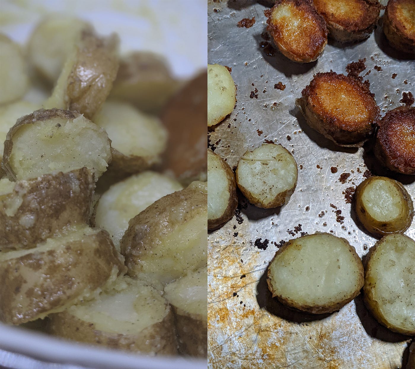 Potatoes tossed with fat and potatoes halfway through frying