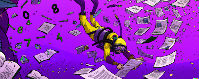 A scuba diver going diving into a sea of research reports and numbers