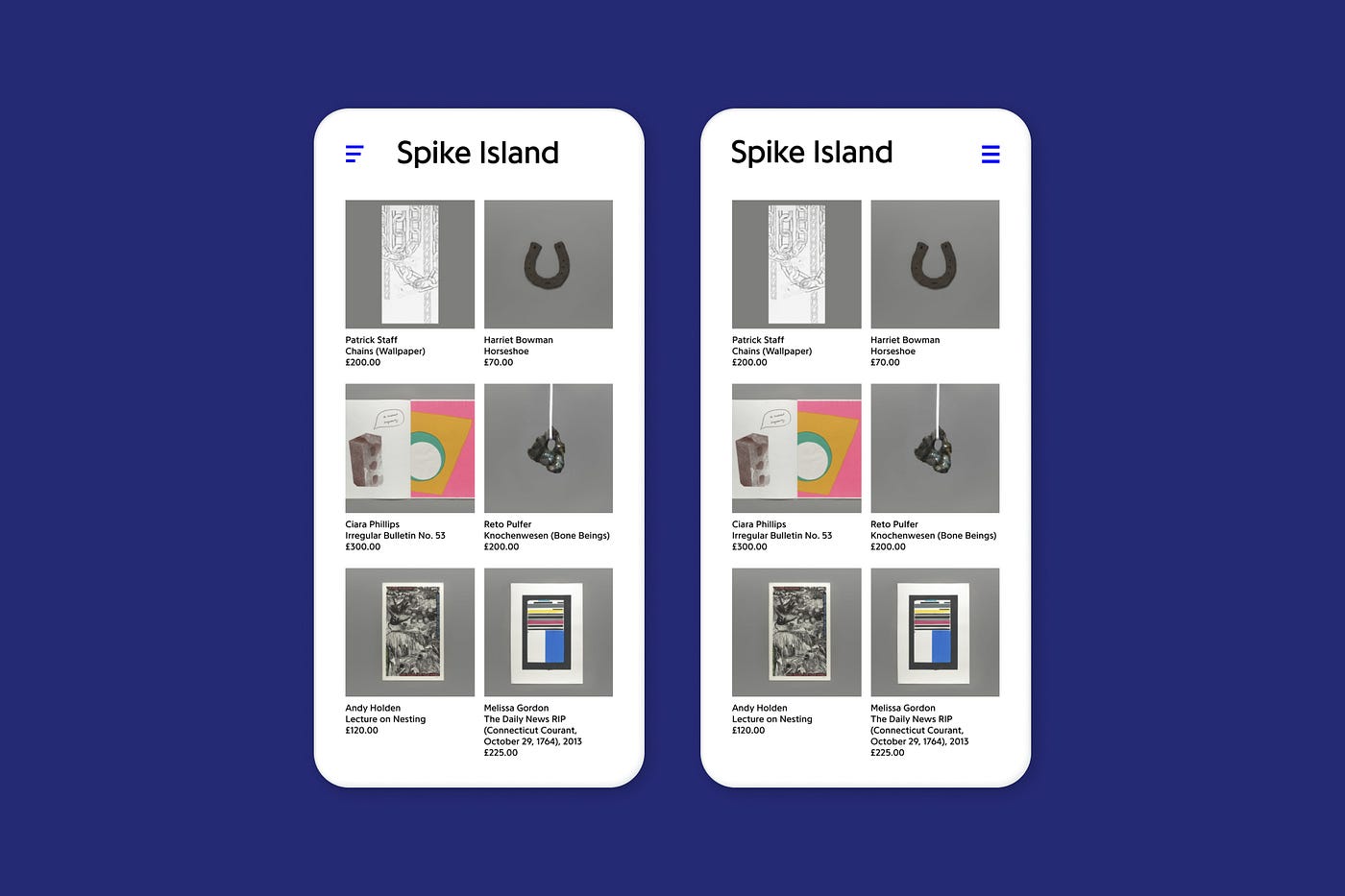 2 designs for a hamburger menu. On the left a less conventional design and position.