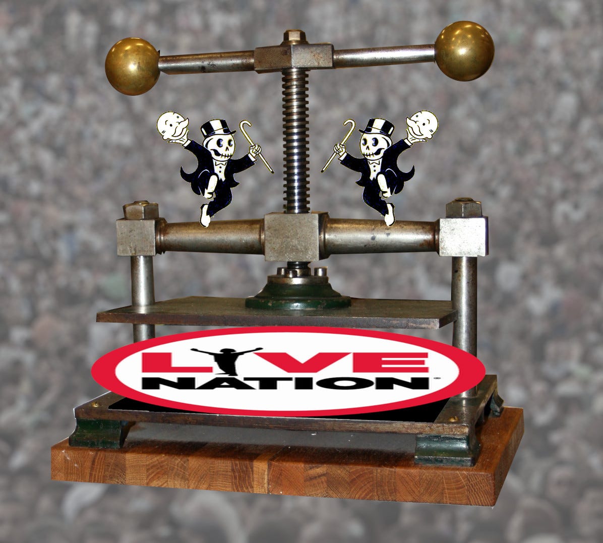 A screw press that has crushed a Live Nation logo. A pair of Monopoly Rich Uncle Pennybags men dance on the press, having removed their faces to reveal death’s-head skulls behind them. In the background, a faded, blurred image of a festival crowd. Image: Guzmán Lozano (modified) https://www.flickr.com/photos/pictfactory/2796367140 CC BY: https://creativecommons.org/licenses/by/2.0/ LA2 (modified) https://commons.wikimedia.org/wiki/File:Bokpress_2010_1.jpg CC BY-SA: https://creativecommons.or