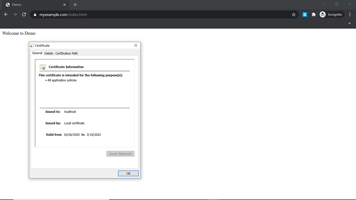 Viewing the certificate-information settings for localhost.