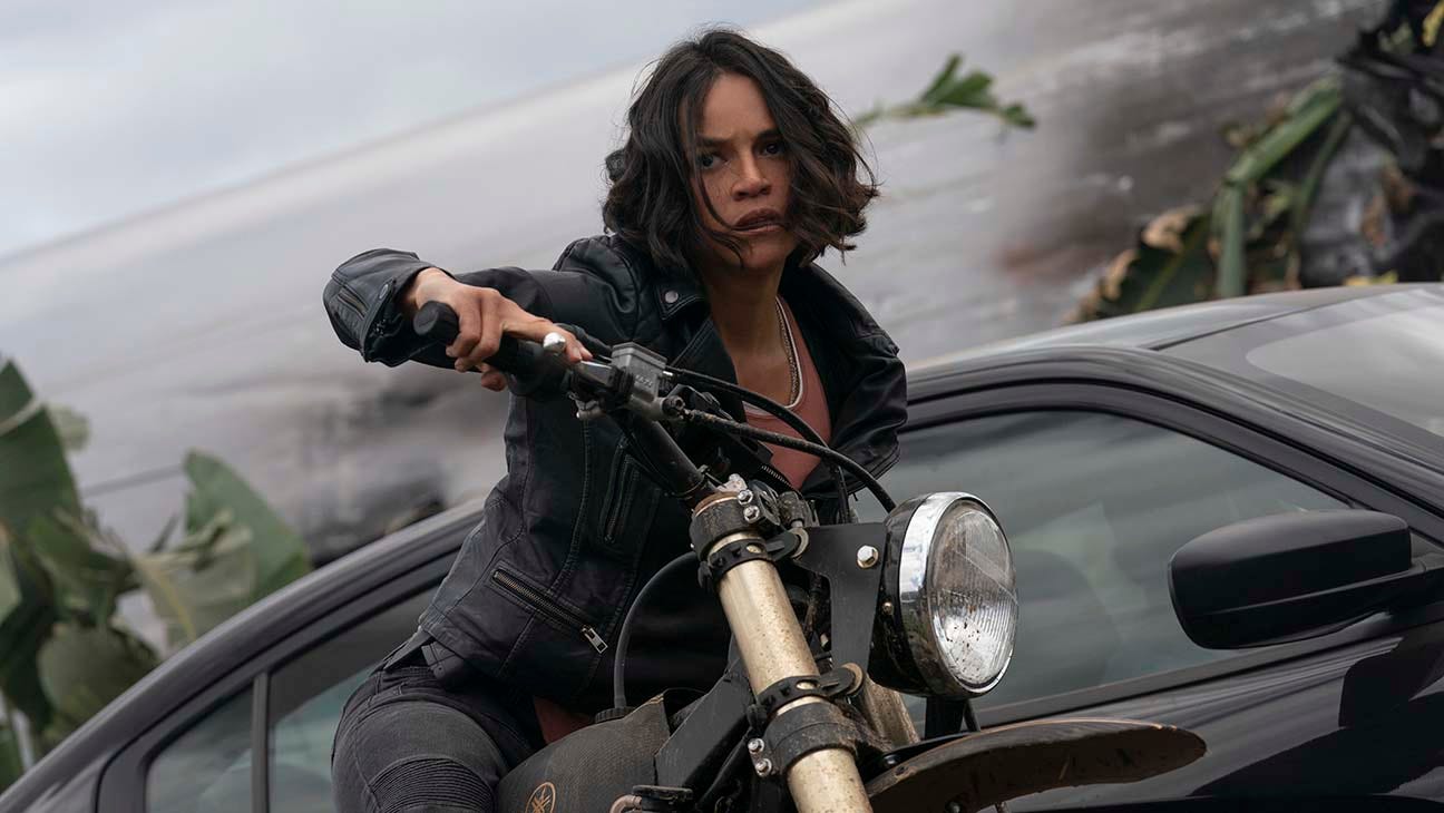 Letty (Michelle Rodriguez) getting ready to pull a 180 on her bike.