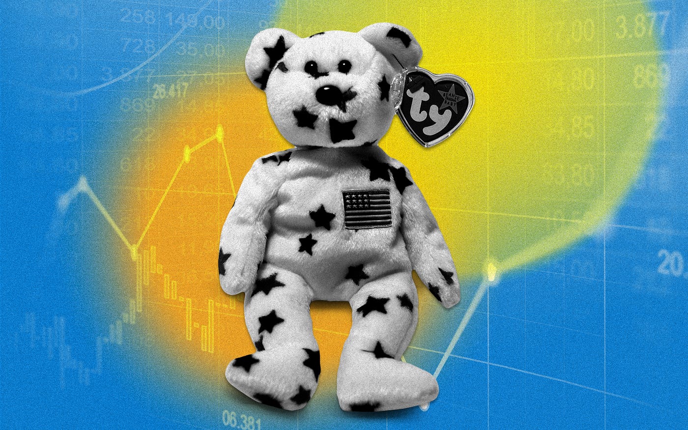 An illustration of a Beanie Baby with a star print and the U.S. flag on its chest. Behind the beanie baby is a generic stock market image.