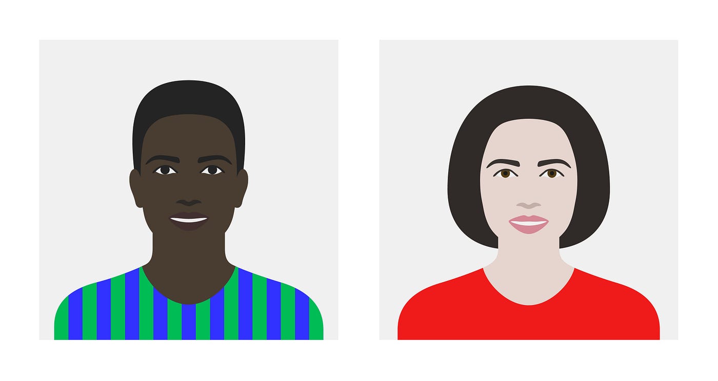 Illustration of very dark skinned man wearing bold green and blue stripes on the left. On the right: a pale woman of black hair and brown eyes wearing bright red.