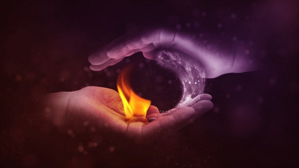 Fire and water balanced between the hands illustration (yin-yang)
