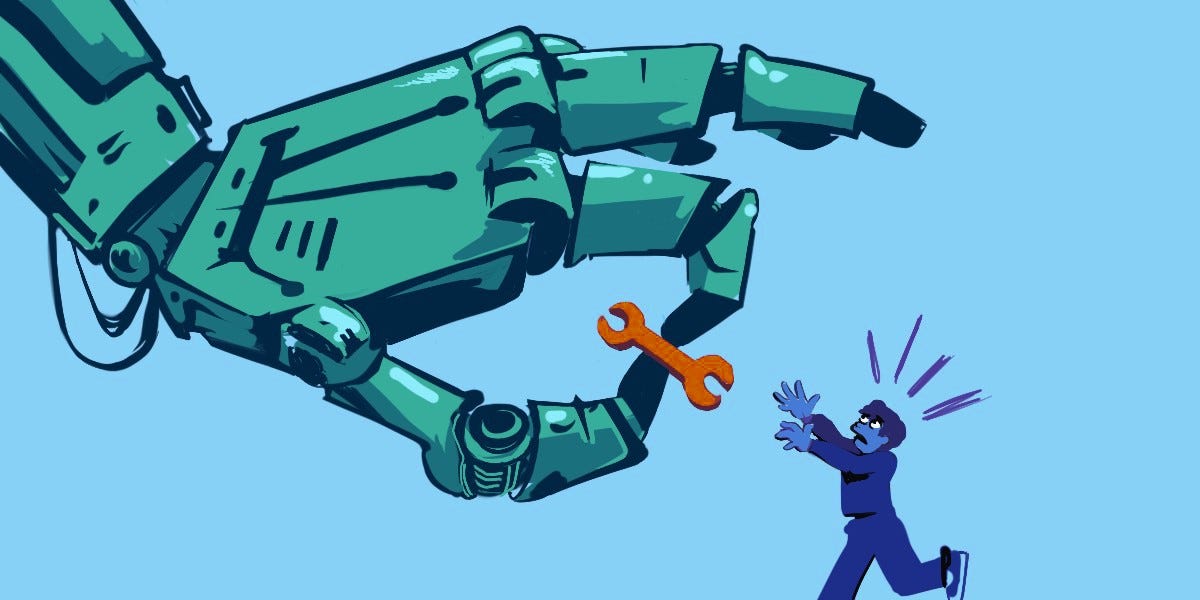 A giant robot hand holds a monkey wrench, a human is jumping for it.