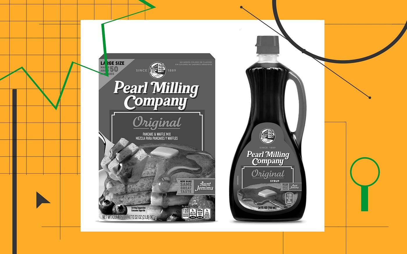 A photo illustration with different line textures around a box of Pearl Milling Company pancake mix and a bottle of its syrup.