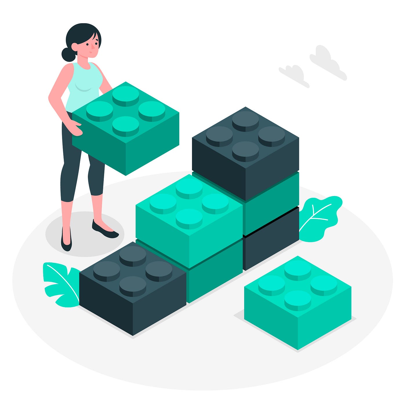 woman holding a giant lego, attempting to build a structure out of giant legos