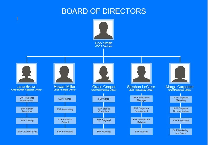 Board of directors org chart, showing the CEO, their reports, and their reports reports