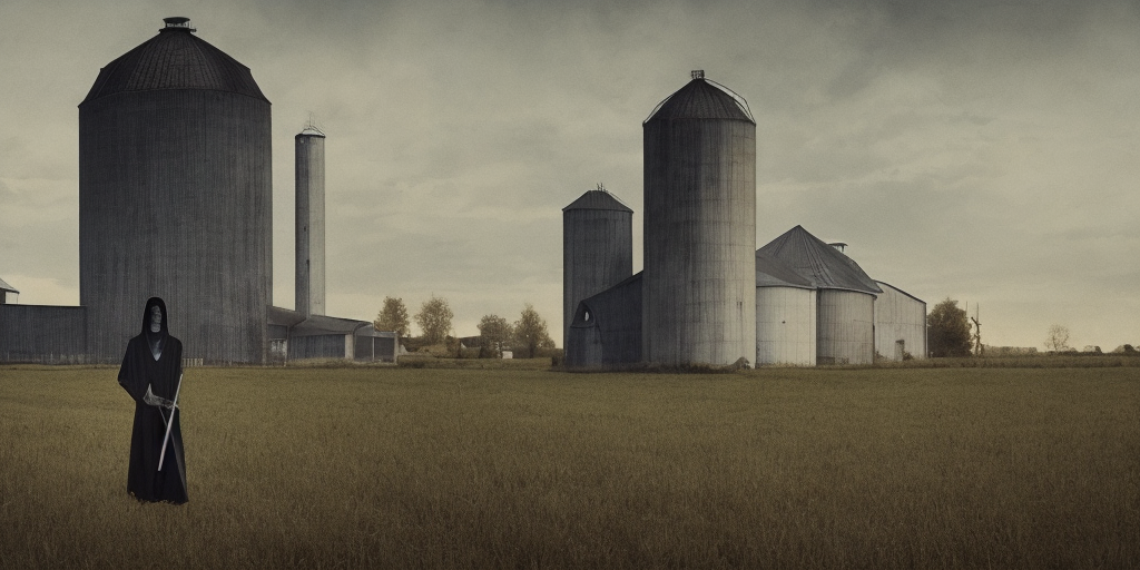 This A.I. generated image from replicate.com features two spooky looking grim reapers in a large field in front of a barn