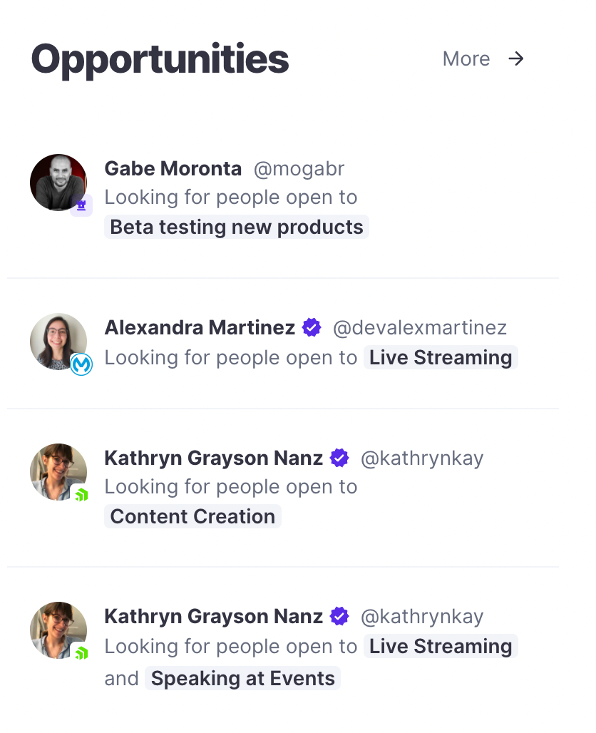 A screenshot of Polywork’s Opportunities feed. It lists 4 featured opportunities in Beta testing new products, Live streaming, Content Creation, and Speaking at Events that have been posted by Polywork users.