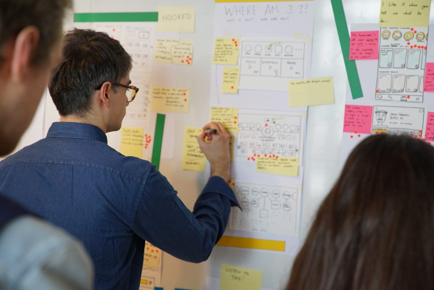 A Sprint team looks at the solution concepts that they created in a Design Sprint workshop