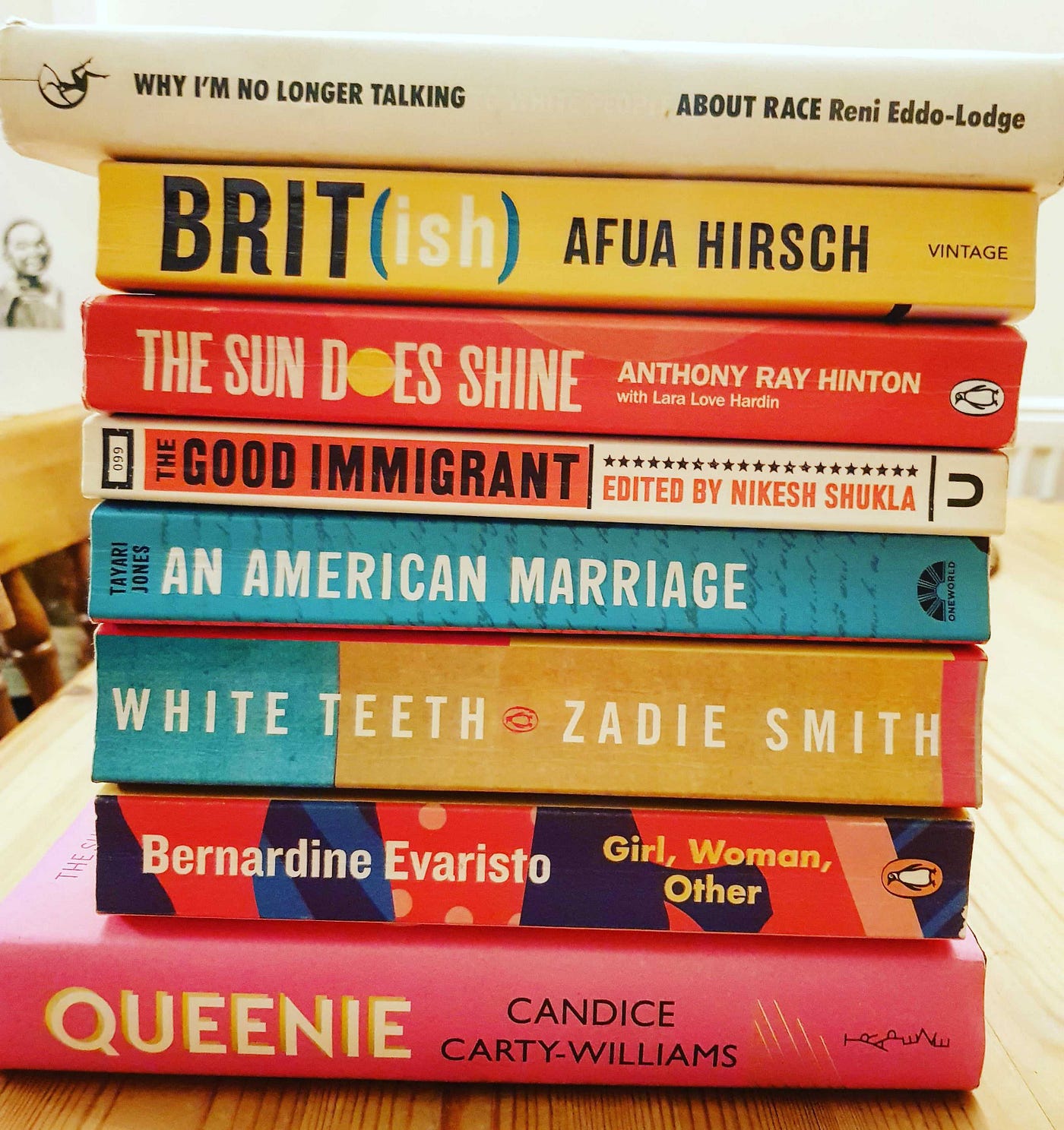 A stack of books about race, identity and belonging. The stack includes titles by Zadie Smith, Afua Hirsch & Reni Eddo-Lodge.