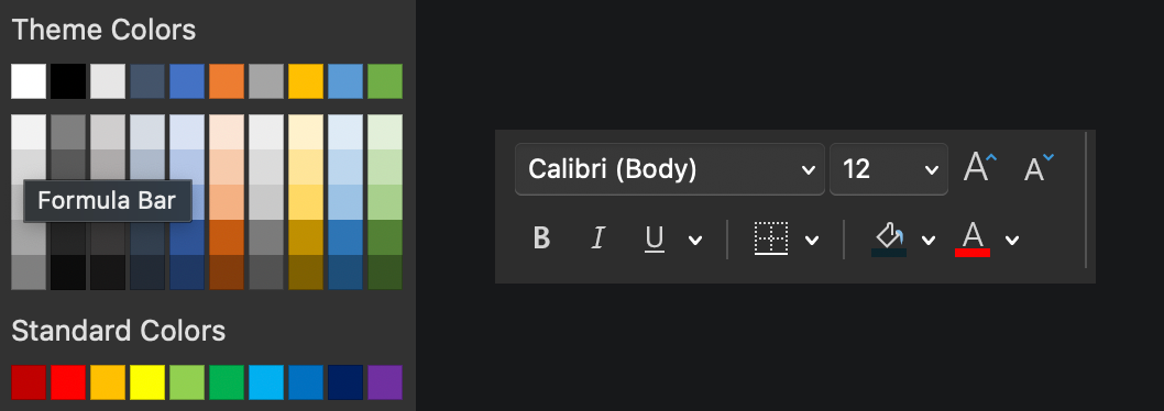 Excel’s color selector and font selectors
