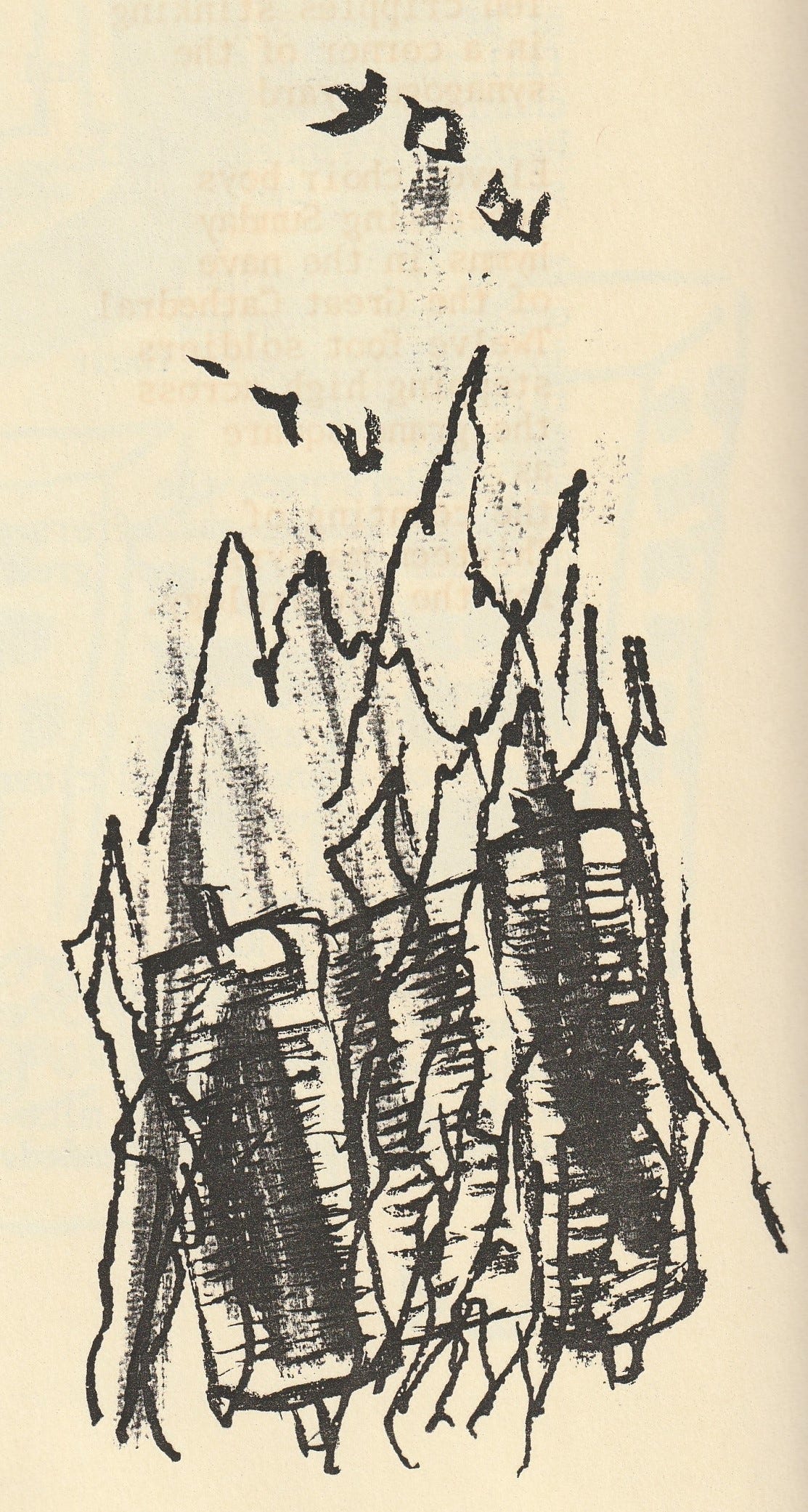 drawing by the author depicting a burning sacred scroll, the flames ascending as too the letters escaping, forming the Hebrew words Shaddai, a reference to the Almighty, and Shema, the first word of the central prayer of Jewish faith, God is one.