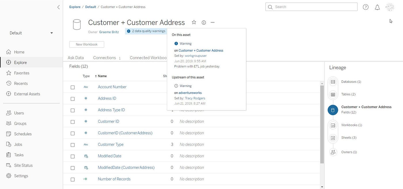 On the improved Tableau Server UI users can see data issue indicators — for all downstream data objects