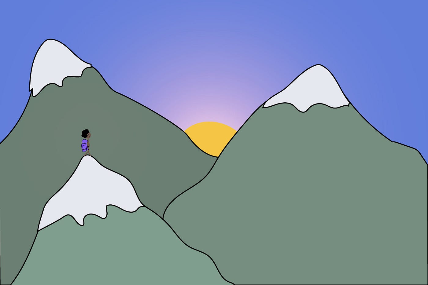 Illustration of a person on the peak of a mountain with two mountain peaks in the background.
