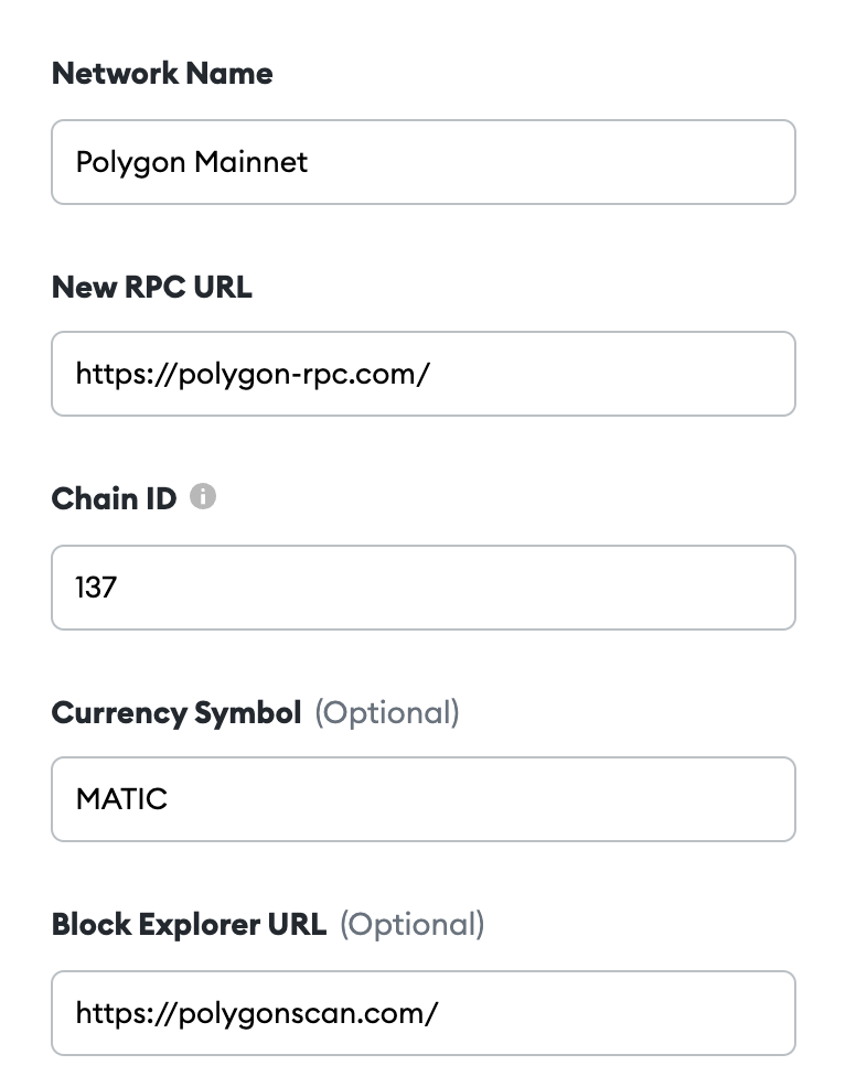 Enter these values in your MetaMask wallet