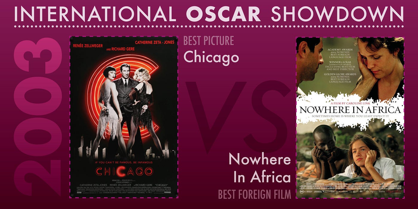 The 2003 International Oscar Showdown features Chicago versus Nowhere In Africa