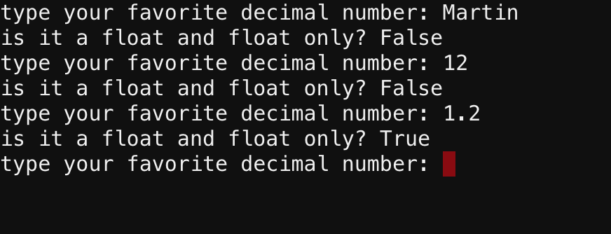 Terminal showing interaction checking for floating point numbers