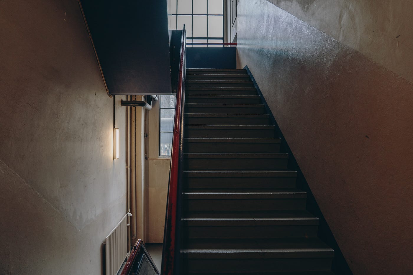 A picture of a staircase to describe the first scene of Scott coming down the stairs.
