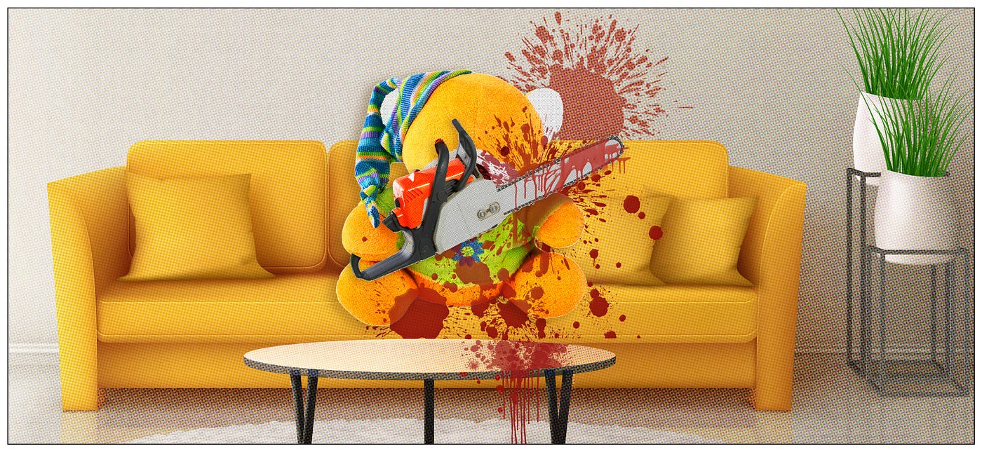 Bear on a couch with a chainsaw.