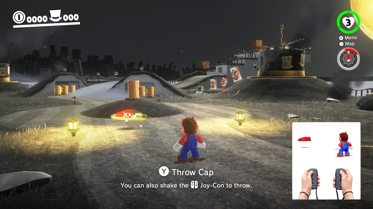 Mario throwing Cappy at an object.