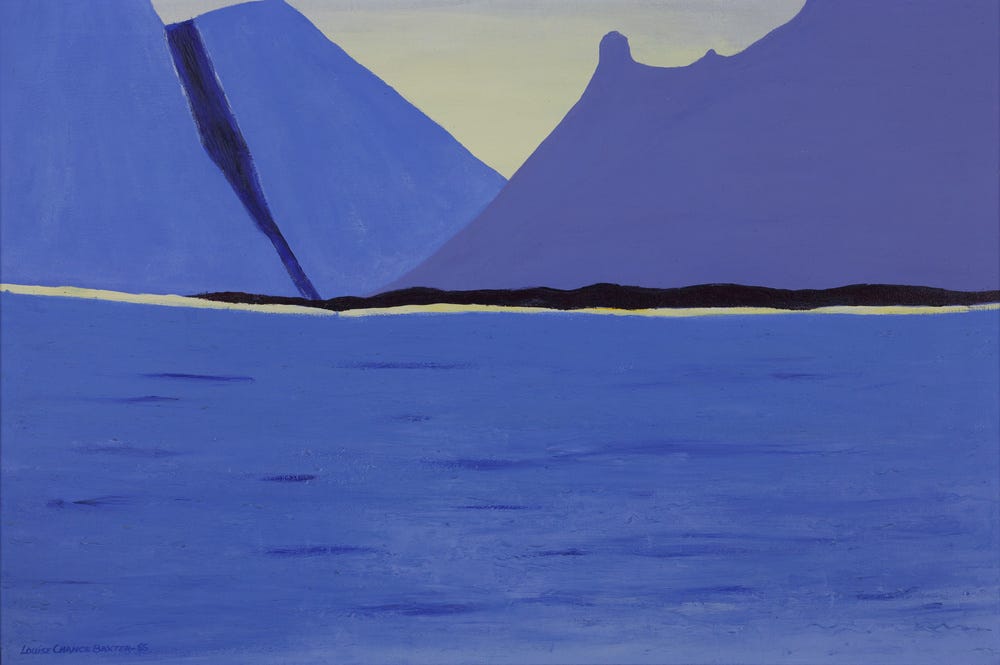 A purplish-blue piece featuring abstract purple-blue mountains.