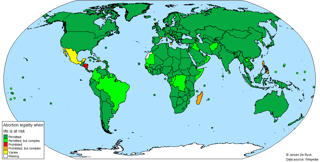 World map of the legality of abortion if the life of the mother is at risk