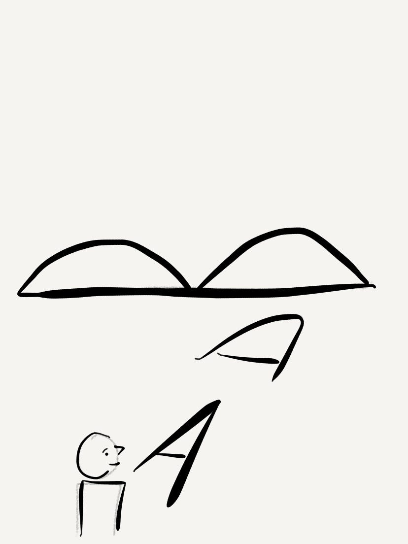 Direction as an arrow laide between the person and the mountis in the distance