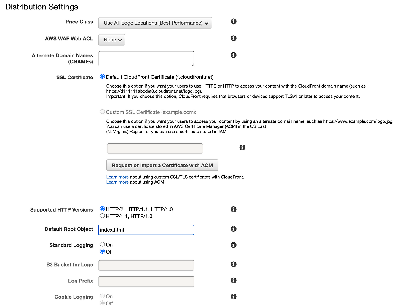 Distribution settings in Amazon CloudFront