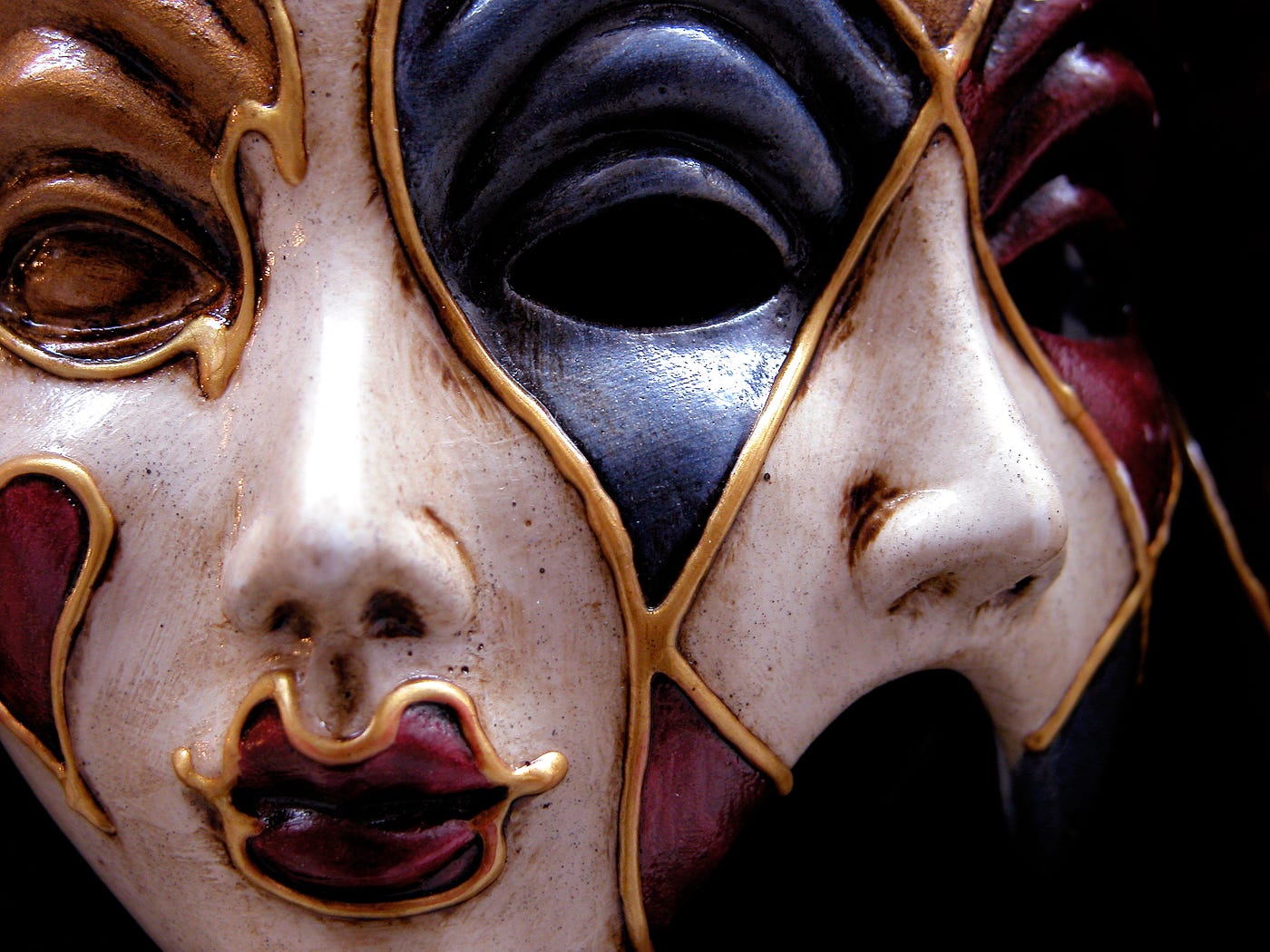 woman, removing colorful narcissistic mask, revealing another mask underneath