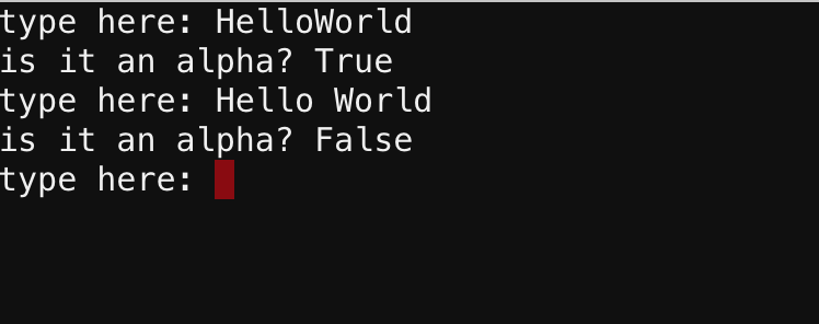 Terminal Window testing two strings to check if they are all alpha characters.