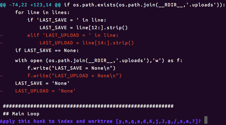 An example of option selection after running the checkout — patch command